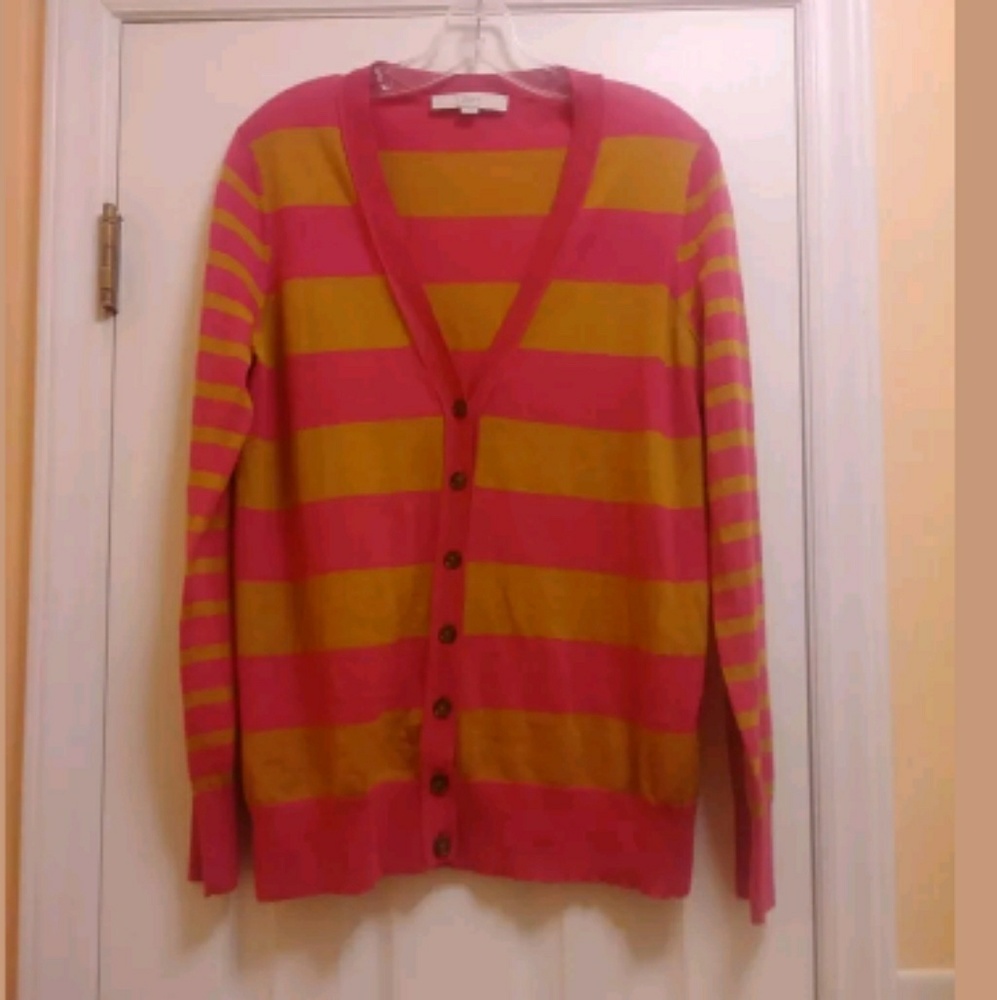 LOFT Women's Cardigan Size Large Pink and Gold